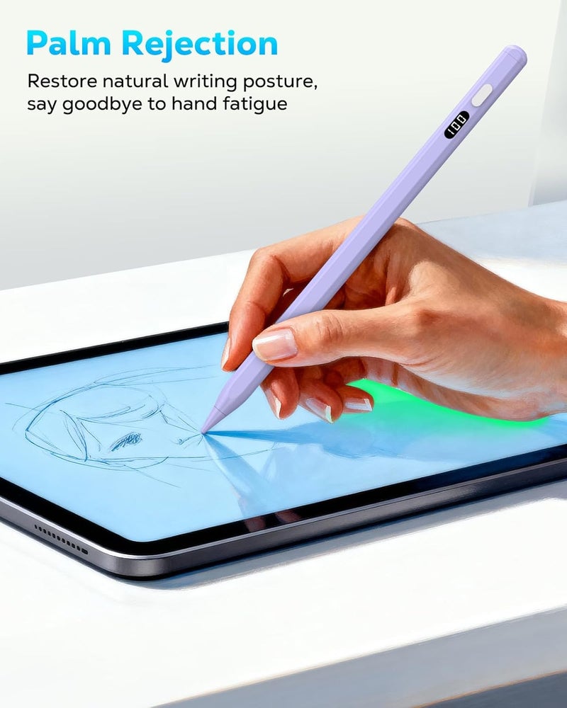 MoKo Stylus Pen for iPad 2018-2025, USB-C Fast Charging Pencil with LED Power Display Tilt Sensitivity for Apple iPad A16/11/10/9/8/7/6, Air 7/6/5/4/3/M3/M2, Pro 13"/12.9"/11"/M4, Mini 7/6/5, Purple - Image 4